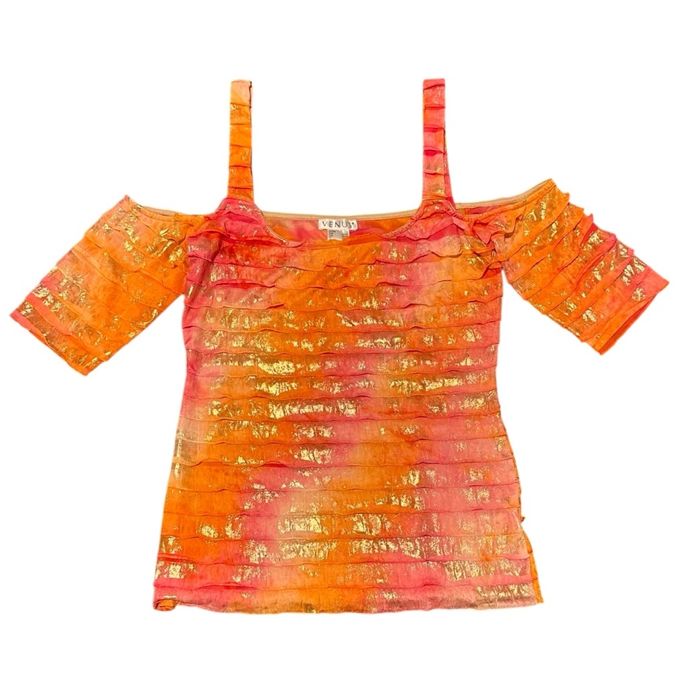 VTG Venus Orange & Pink Cut out ruffle blouse